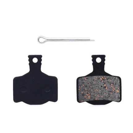 Mountain Bike Semi-Metallic Brake Pads for Disc Brakes showing two pads and retaining pin, copper-fiber compound with steel back plate, for everyday riding