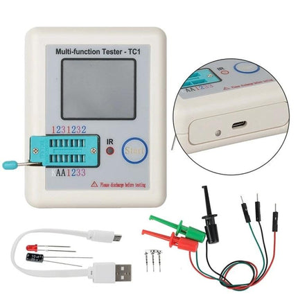 Handheld Electronic Component Tester for Diodes and Transistors - compact multi-function tester with probes, ZIF socket, USB cable and accessories