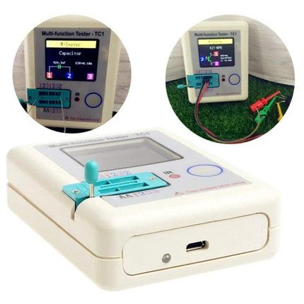 Handheld Electronic Component Tester for Diodes and Transistors compact multi-function tester showing capacitor and transistor tests