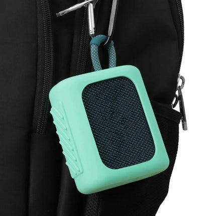 JBL Silicone Cover For Portable Speaker Travel Protection mint silicone case on GO3 clipped to backpack for travel