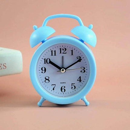 Student Desk Alarm Clock, Small, 2-Pack For Study Or Bedroom Use - compact blue twin-bell desk alarm on study desk