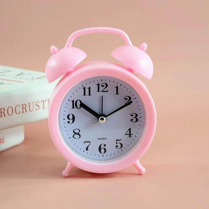 Student Desk Alarm Clock, Small, 2-Pack For Study Or Bedroom Use - compact pink twin-bell alarm clock on desk for study or bedroom