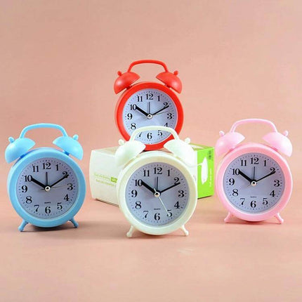 Student Desk Alarm Clock, Small, 2-Pack For Study Or Bedroom Use - pastel twin-bell compact plastic alarms on desk (blue, white, pink, red)