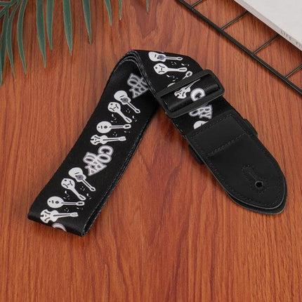 Printed Ukulele Straps for Musicians' Daily Practice Sessions - black printed strap with skull and crossbones design, adjustable, padded ends