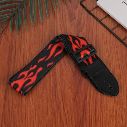 Printed Ukulele Straps for Musicians' Daily Practice Sessions - black strap with red flame print, adjustable, padded for secure daily practice