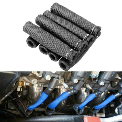 Set of 8 High-Temperature Spark Plug Protective Covers protecting spark plug wires from exhaust heat on engine headers