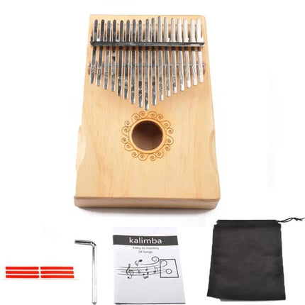 Compact Kalimba for Relaxing Home Music Moments - pine thumb piano with metal keys, carrying pouch, instruction booklet and tuning wrench