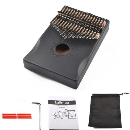 Compact Kalimba for Relaxing Home Music Moments - black pine thumb piano with metal keys, tuning hammer, stickers, pouch and songbook