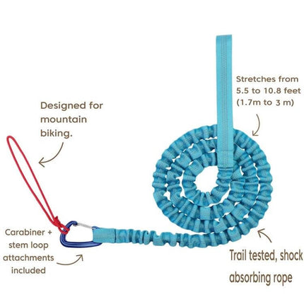 Bicycle Tow Rope 1.7m Stretch to 3m for Parent-Child Rides - blue elastic tow rope with carabiner, nylon core, stretches 1.7m to 3m for calm teaching rides