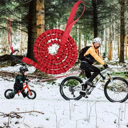 Bicycle Tow Rope 1.7m Stretch to 3m for Parent-Child Rides - red nylon elastic tow rope shown in snowy forest with parent and child cycling