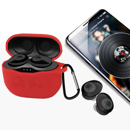 G23 Silicone Protective Cover for Daily Earbud Protection in red fitted on wireless earbud case with carabiner and phone