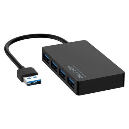 Compact 4-Port USB Hub for Multiple Device Connections, Black - slim black USB 3.0 hub with four ports for external drives, keyboards, mice (76x42x12mm)