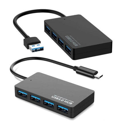 Compact 4-Port USB Hub for Multiple Device Connections, Black - slim USB 3.0 hub with four ports for laptops, external drives, keyboards and mice
