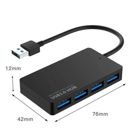 Compact 4-Port USB Hub for Multiple Device Connections, Black - compact 76x42x12mm USB 3.0 hub for laptops, external drives, keyboards and mice