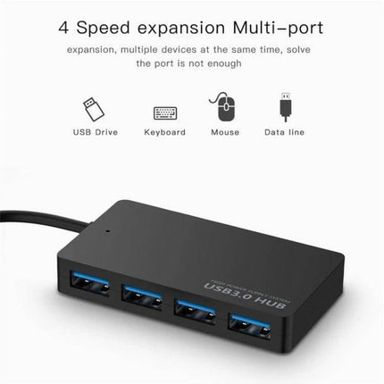 Compact 4-Port USB Hub for Multiple Device Connections, Black - slim USB 3.0 hub connecting USB drives, keyboard, mouse and data lines