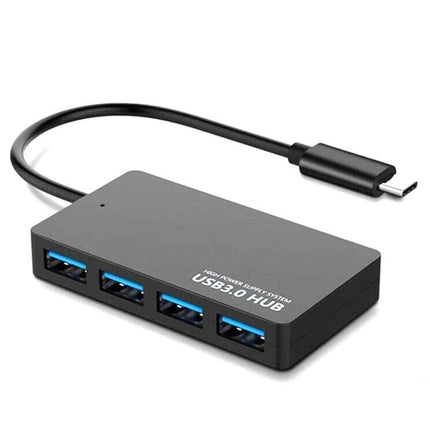 Compact 4-Port USB Hub for Multiple Device Connections, Black — slim USB-C adapter with 4 USB 3.0 ports for laptops and peripherals