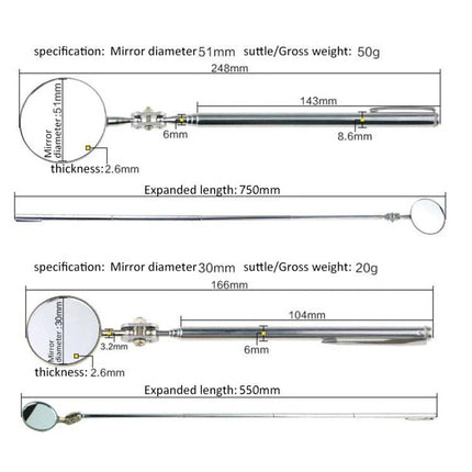 Versatile Mirror for Routine Vehicle Maintenance Checks telescoping inspection mirror diagram showing 51mm and 30mm mirror sizes and expanded lengths