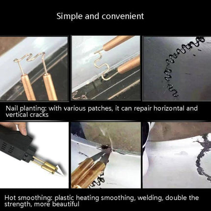 Auto Bumper Plastic Repair Welding Patch Kit 500 Pieces Pack showing nail-implant patches, hot welding and plastic bumper crack repair steps
