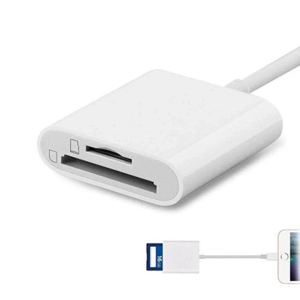 SD and TF Card Reader Adapter for iPhone iPad Photo Transfers - white plug-and-play card reader for importing SD/TF photos to iPhone or iPad