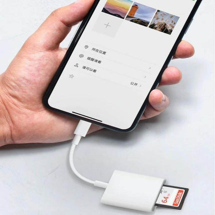 SD and TF Card Reader Adapter for iPhone iPad Photo Transfers showing adapter connected to iPhone with SD card inserted