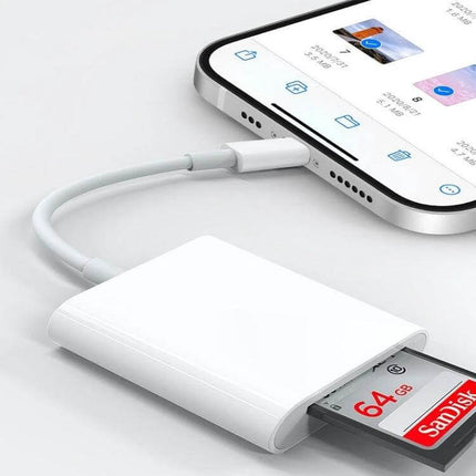 SD and TF Card Reader Adapter for iPhone iPad Photo Transfers showing adapter connected to iPhone with inserted 64GB SD card