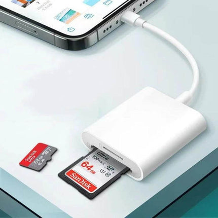 SD and TF Card Reader Adapter for iPhone iPad Photo Transfers showing white adapter connected to iPhone with SD and TF cards