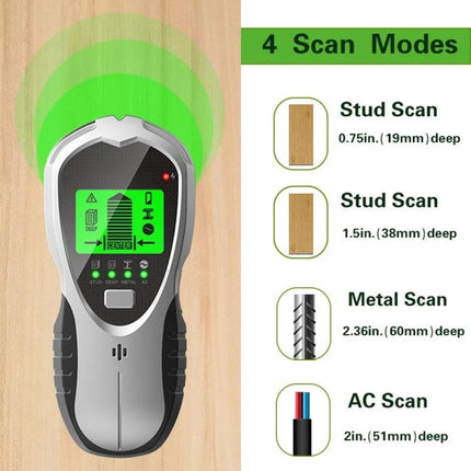 Versatile 4-in-1 Digital Wall Scanner for Studs, Metal, and Live Wires showing LCD, 4 scan modes (stud, metal, AC) detecting depth on wood wall