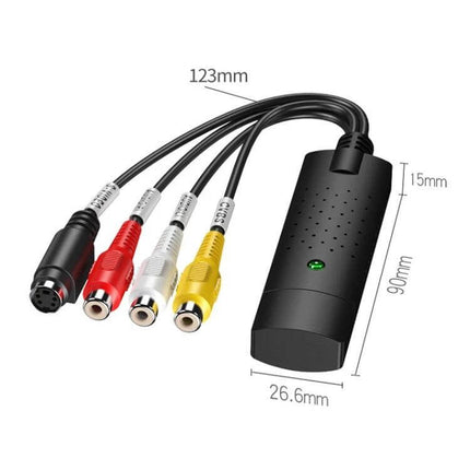USB Video Capture Card for Analog Video Recording and Playback, compact 720P USB converter with RCA/S-video inputs and dimensions