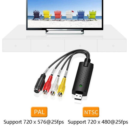 USB Video Capture Card for Analog Video Recording and Playback - USB capture device with RCA/S-Video cables for digitizing VHS and camcorder tapes in 720P