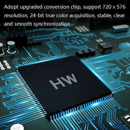 USB Video Capture Card for Analog Video Recording and Playback showing close-up of conversion chip on circuit board with 720P 24-bit color support