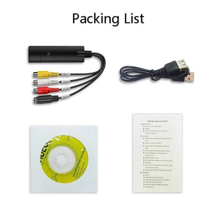 USB Video Capture Card for Analog Video Recording and Playback showing device, RCA cables, USB cable, driver CD and manual