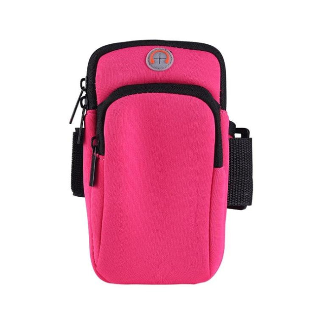 Unisex Running Armband for 6.5-Inch Phones, Outdoor Use - Pink neoprene armband with zip pockets and headphone port