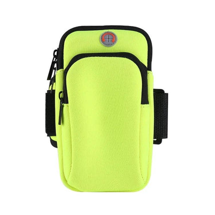 Alt Tag: Unisex Running Armband for 6.5-Inch Phones, Outdoor Use neon yellow neoprene armband with zipper pocket and headphone port for jogging