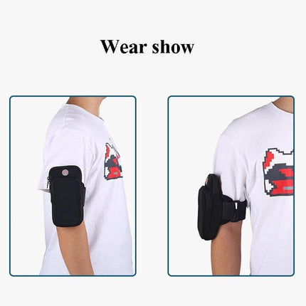 Unisex Running Armband for 6.5-Inch Phones, Outdoor Use shown on arm with neoprene sleeve and headphone jack access