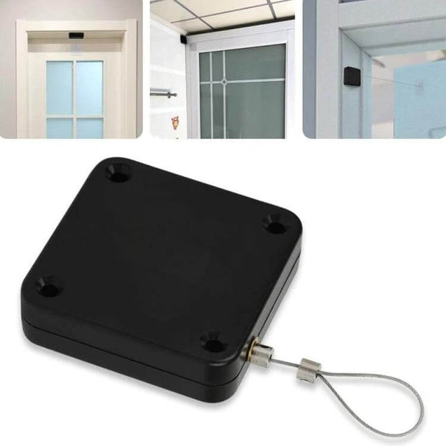 Black Automatic Door Closer For Sliding Doors Home Use - compact black ABS closer with PA6-coated 316 stainless steel wire rope for interior sliding doors