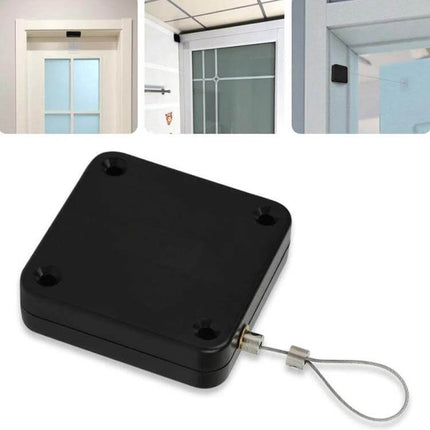 Black Automatic Door Closer For Sliding Doors Home Use - black ABS case with PA6-coated 316 stainless wire rope, 6.3x6.3x1.8cm, nail-free or drilled install