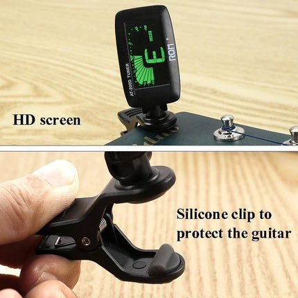 Aroma Clip-On Tuner for Everyday Instrument Tuning at Home showing HD screen and silicone clip protecting guitar