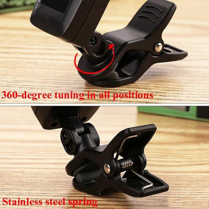 Aroma Clip-On Tuner for Everyday Instrument Tuning at Home showing 360-degree rotating clip and stainless steel spring for guitars violins ukuleles
