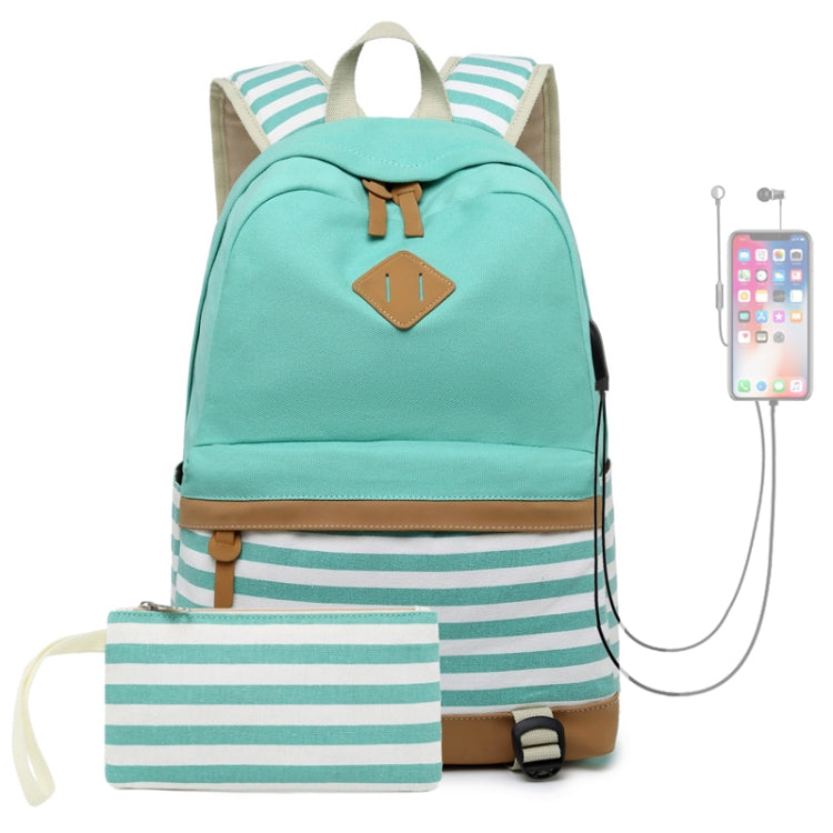 Mochila de lona a rayas para estudiantes: 2 piezas, mochila escolar de gran capacidad con puerto USB