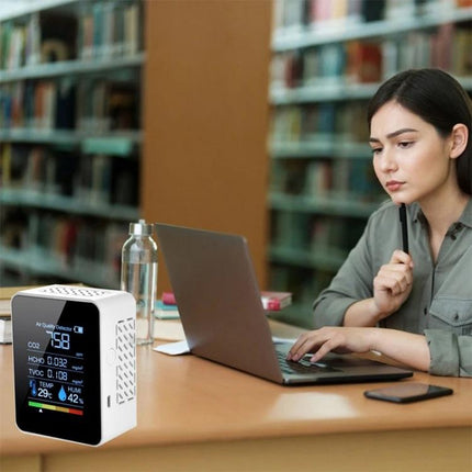 Portable Indoor Air Quality Monitor with CO2 Detection measuring CO2, temperature and humidity on a desk beside a laptop in a library