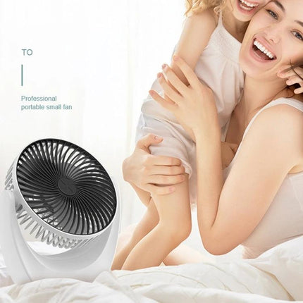Mini Portable USB Desktop Fan for Home and Dormitory Use - compact brushless motor fan on bedroom desk providing quiet airflow for studying and relaxing