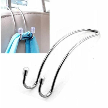 Double-Head Stainless Steel Car Seat Headrest Hook for Bags, Silver hanging on headrest holding handbag and groceries, 11x3.4cm compact organizer