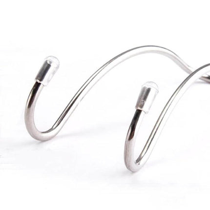Double-Head Stainless Steel Car Seat Headrest Hook for Bags, Silver - close-up of two silver stainless steel hooks with protective caps for hanging bags in car (11 x 3.4 cm)