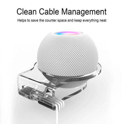 Acrylic HomePod Mini Bracket With Integrated Cable Holder clear acrylic stand showing HomePod Mini and neatly routed power cable