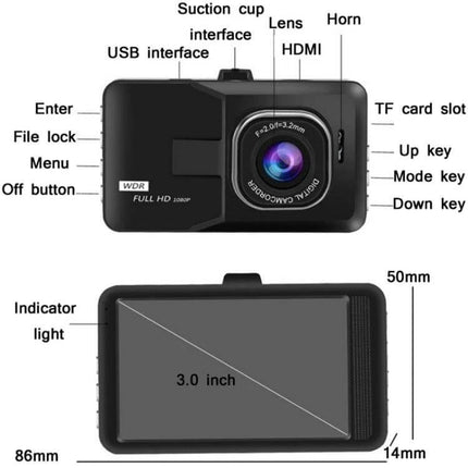 Versatile Black HD Dash Cam for Daily Vehicle Use - front lens, buttons, 3.0-inch screen, HDMI, USB and TF card slot diagram