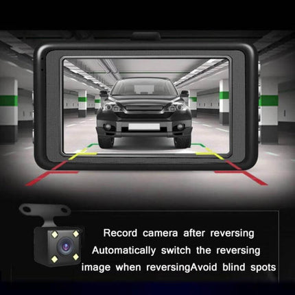 Versatile Black HD Dash Cam for Daily Vehicle Use showing rearview parking guide and dual camera reversing view