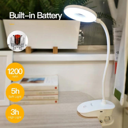 YAGE Clip Lamp for Everyday Home and Office Reading - white clip-on LED desk lamp with flexible neck, built-in battery and adjustable brightness for books and work
