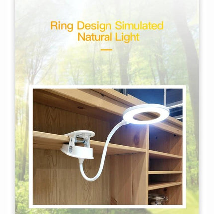 YAGE Clip Lamp for Everyday Home and Office Reading — white ring clip-on desk lamp simulating natural light, flexible gooseneck, ideal for reading and tasks
