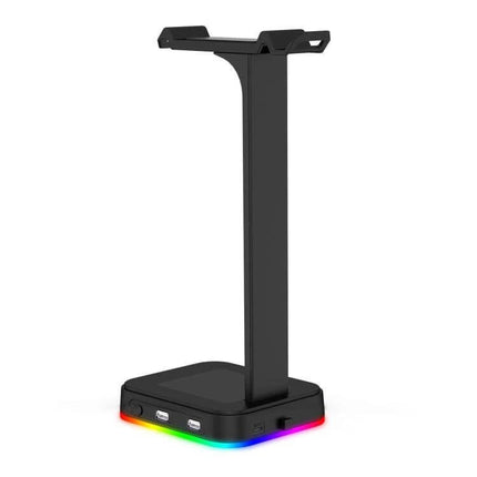 Gaming Headset Stand With RGB Light And Dual USB Organizer black stand with RGB base, two USB ports and cable management