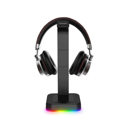 Gaming Headset Stand With RGB Light And Dual USB Organizer holding headset, RGB base glow, dual USB ports, tidy desk accessory